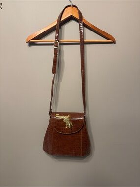 Brown Croc-Embossed Leather Crossbody Bag with Gold Accent